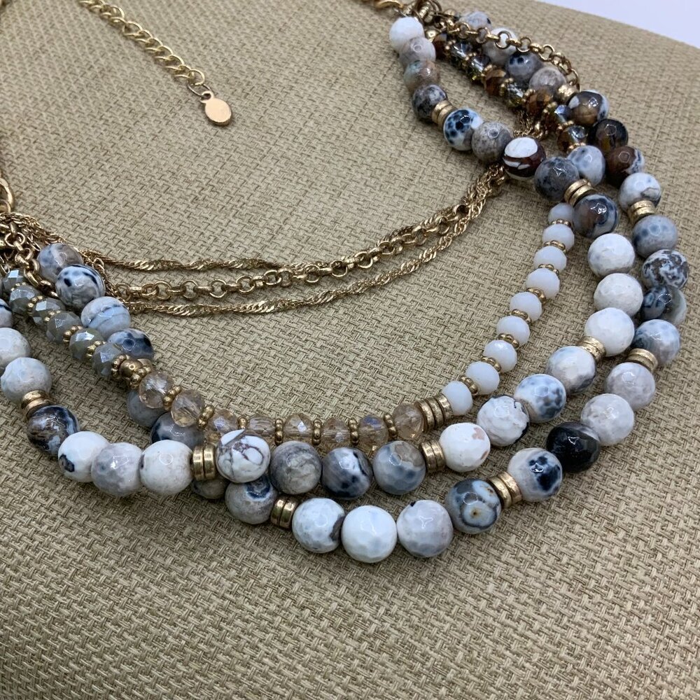Dendritic Blue Moss Agate Glass AB Beaded Multi Strands Gold Tone Necklace